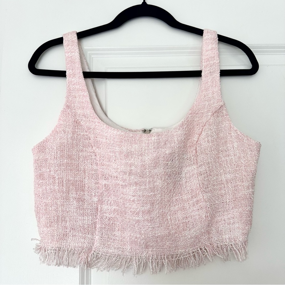 NWT! Le Lis (M) Pink / White Tweed Cropped Top Fringed Hem - Quiet Luxury Vibes